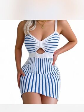 Blue and White Striped Knit Cutout Bodycon Dress